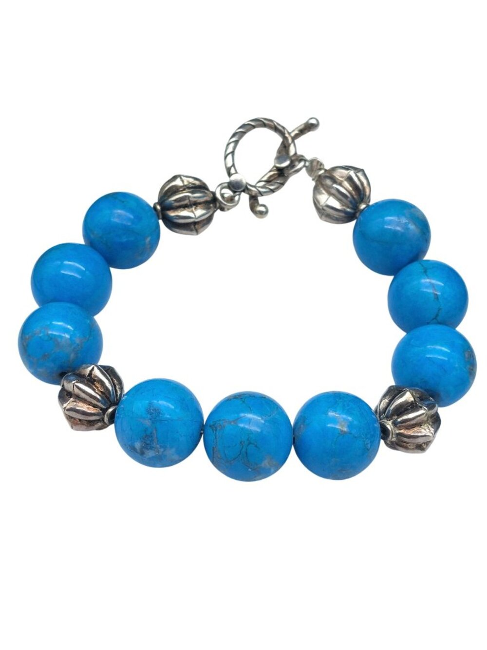 Vintage Turquoise Bracelet, Blue Beads and Fluted Silver Bangle
